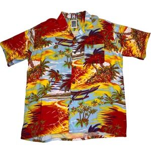 Vintage Ocean Current Hawaiian Shirt Rayon Tropical Beach Scene Aloha USA Surf M